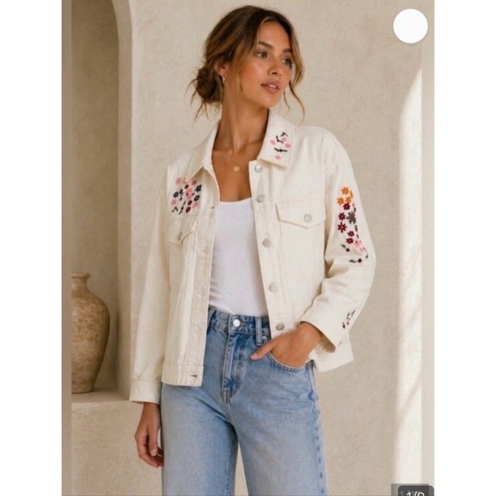 Dolan Women's Floral Embroidered Cream Cotton Trucker Jacket Sz L - Picture 2 of 12